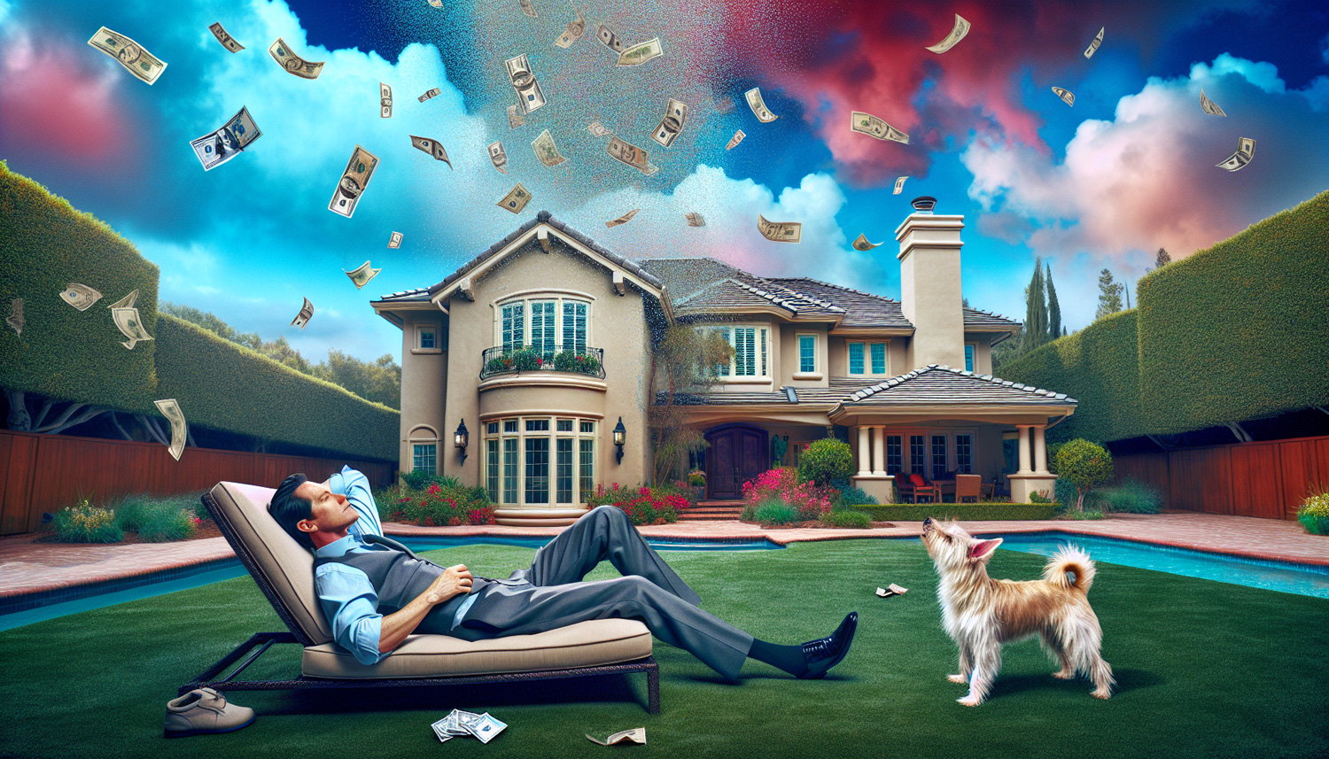 man with dog backyard of mansion