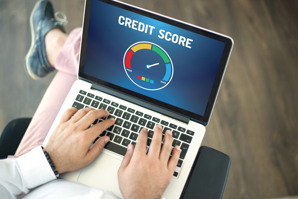 man viewing credit score on desktop