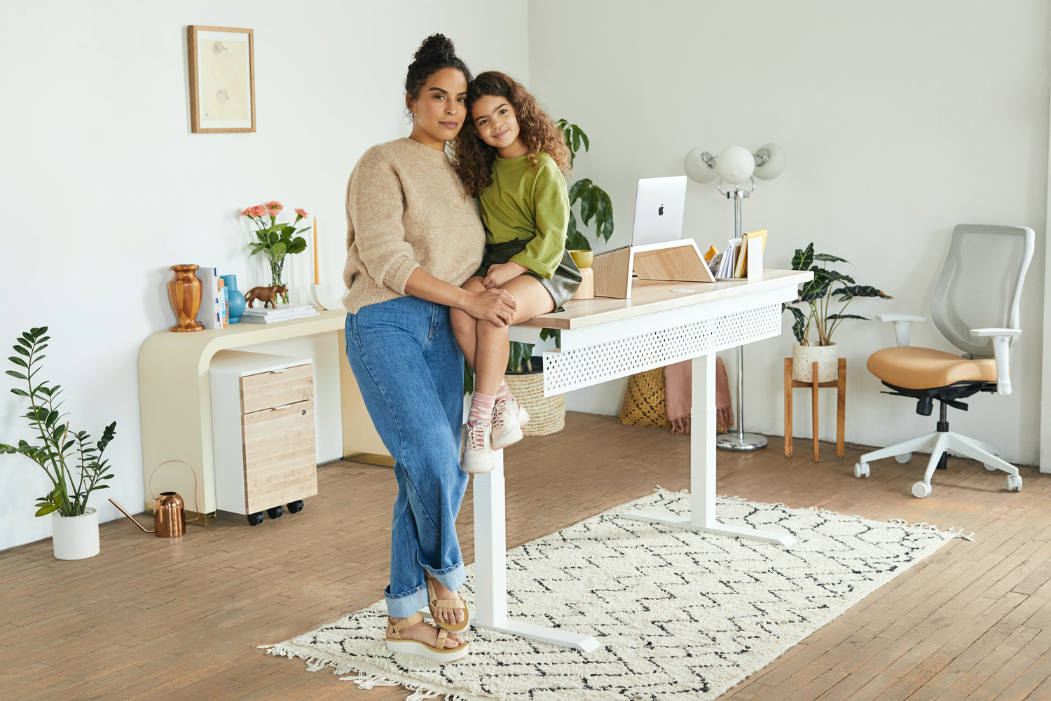 woman and kid in home office